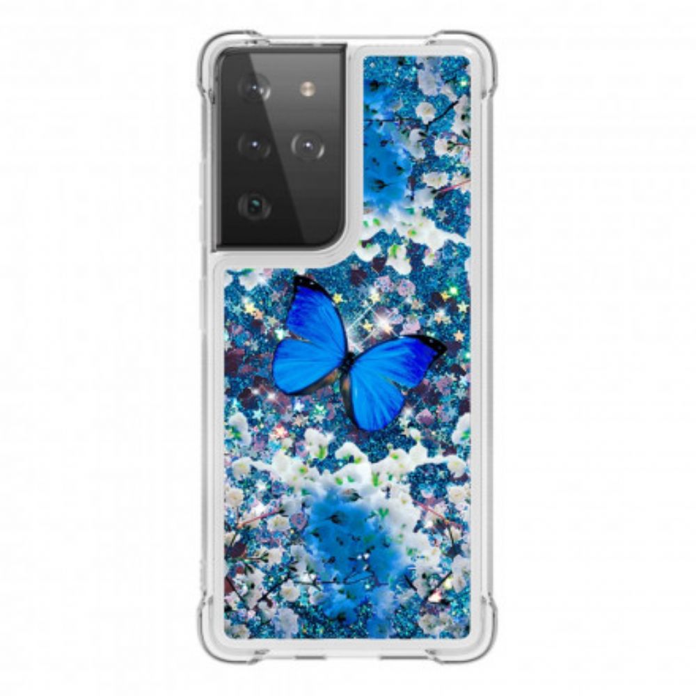 Hülle Für Samsung Galaxy S21 Ultra 5G Blaue Glitzerschmetterlinge