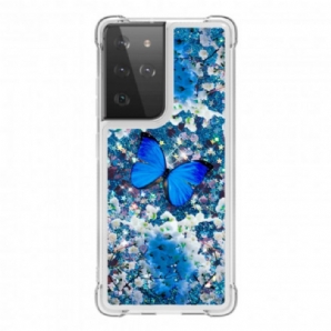 Hülle Für Samsung Galaxy S21 Ultra 5G Blaue Glitzerschmetterlinge