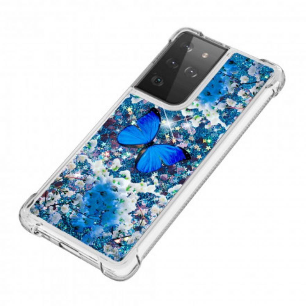 Hülle Für Samsung Galaxy S21 Ultra 5G Blaue Glitzerschmetterlinge