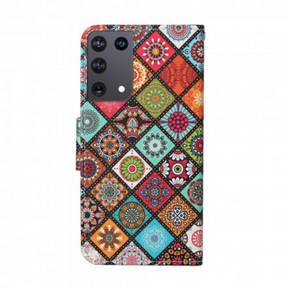 Lederhüllen Für Samsung Galaxy S21 Ultra 5G Patchwork-mandalas Mit Lanyard