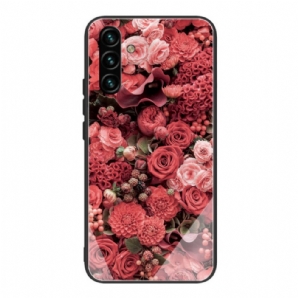 Handyhülle Für Samsung Galaxy A13 5G Rosa Blumen Aus Gehärtetem Glas