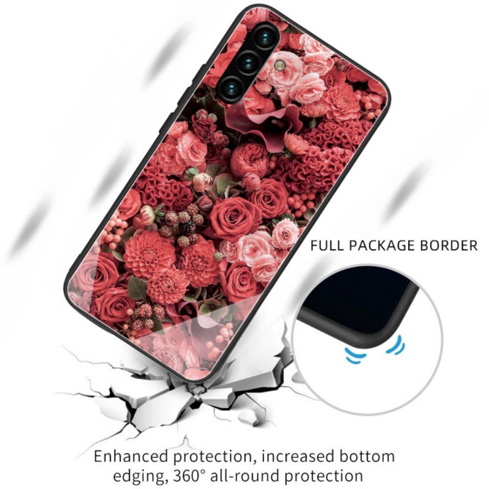 Handyhülle Für Samsung Galaxy A13 5G Rosa Blumen Aus Gehärtetem Glas