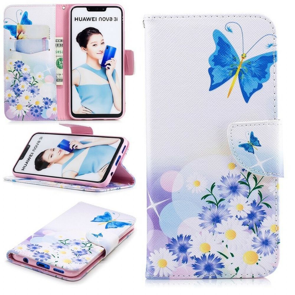 Flip Case Für Huawei P Smart Plus Gemalte Schmetterlinge Und Blumen