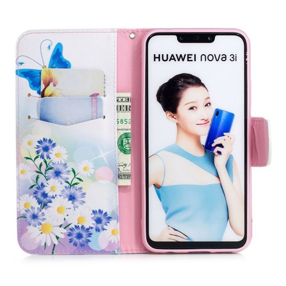 Flip Case Für Huawei P Smart Plus Gemalte Schmetterlinge Und Blumen