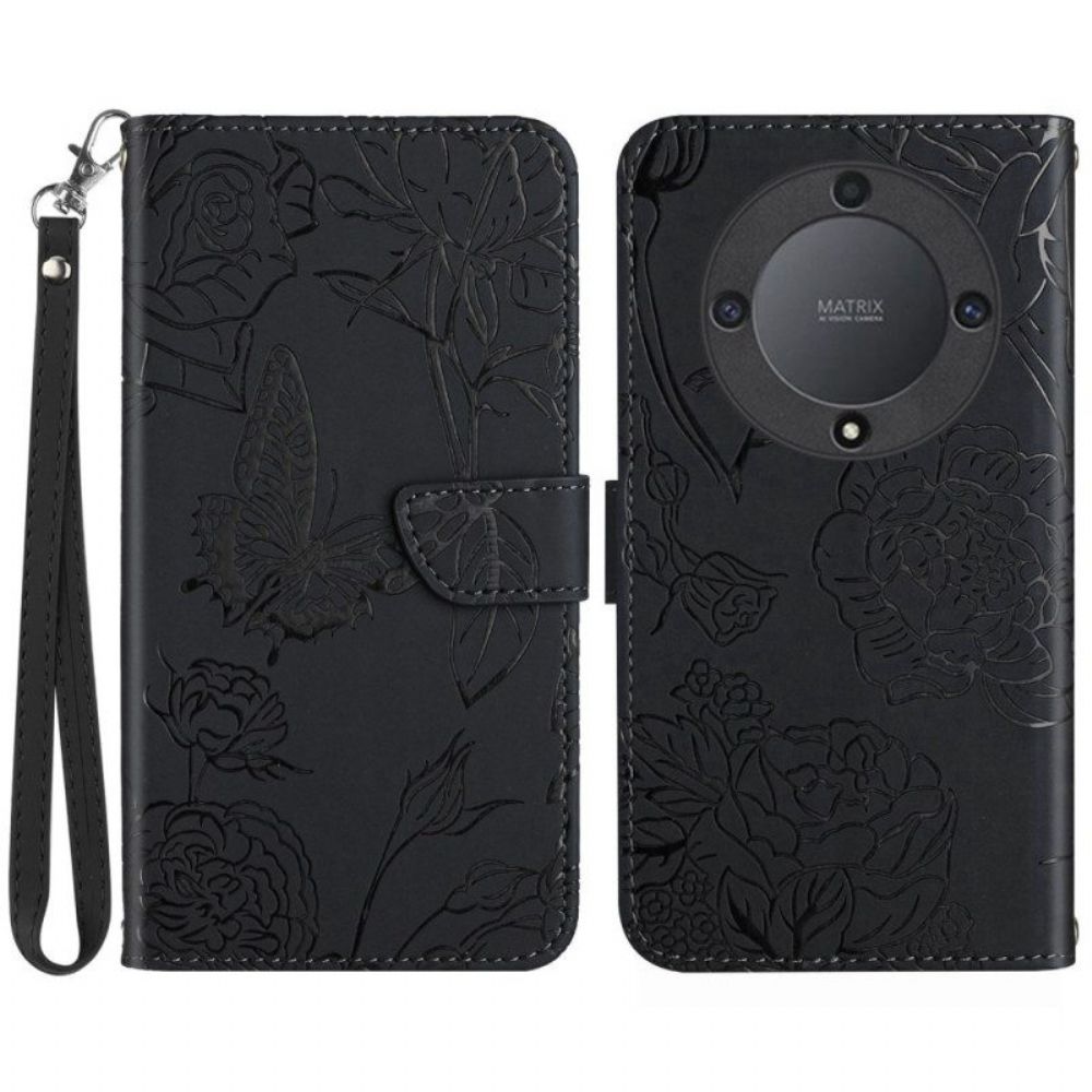 Flip Case Für Honor Magic 5 Lite Schmetterlinge Und Schlüsselband