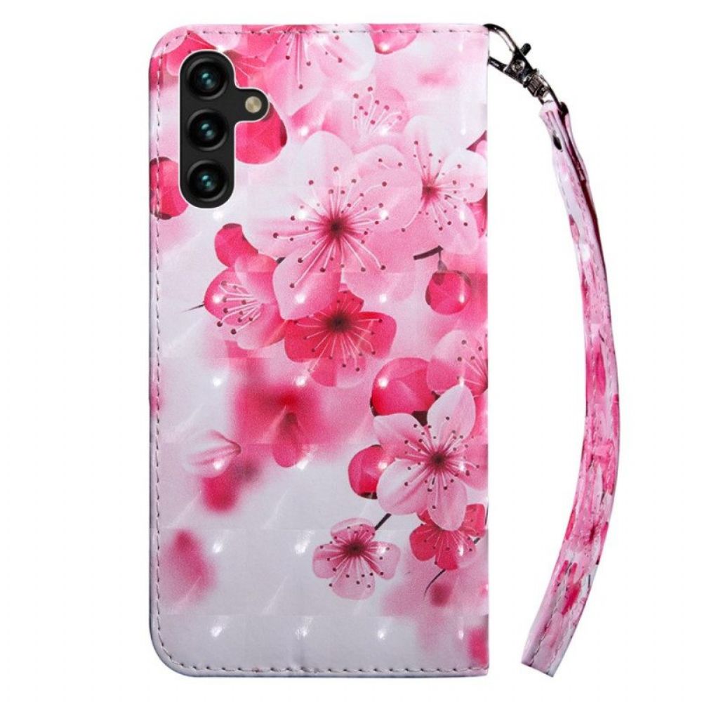 Flip Case Für Samsung Galaxy A14 / A14 5G Mit Kordel Riemchenrosa Blumen