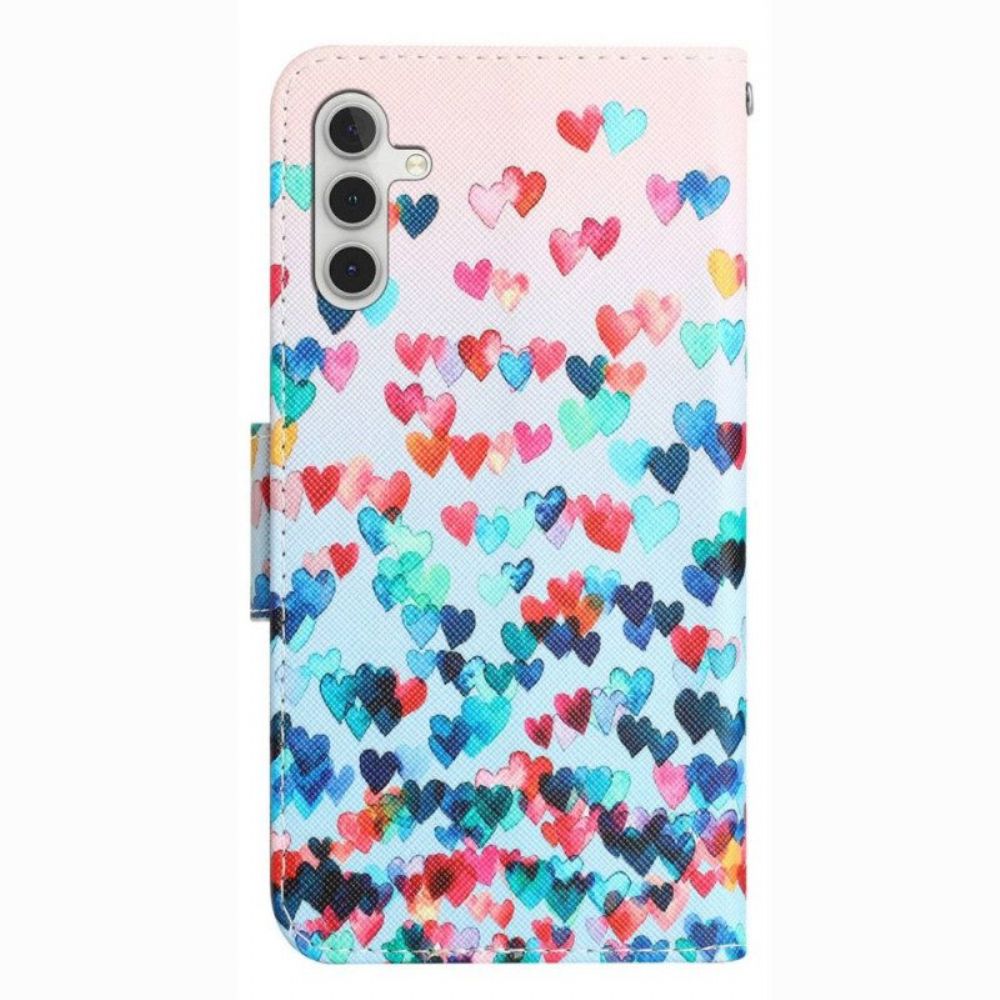 Lederhüllen Für Samsung Galaxy A14 / A14 5G Mit Kordel Strappy Hearts Regen