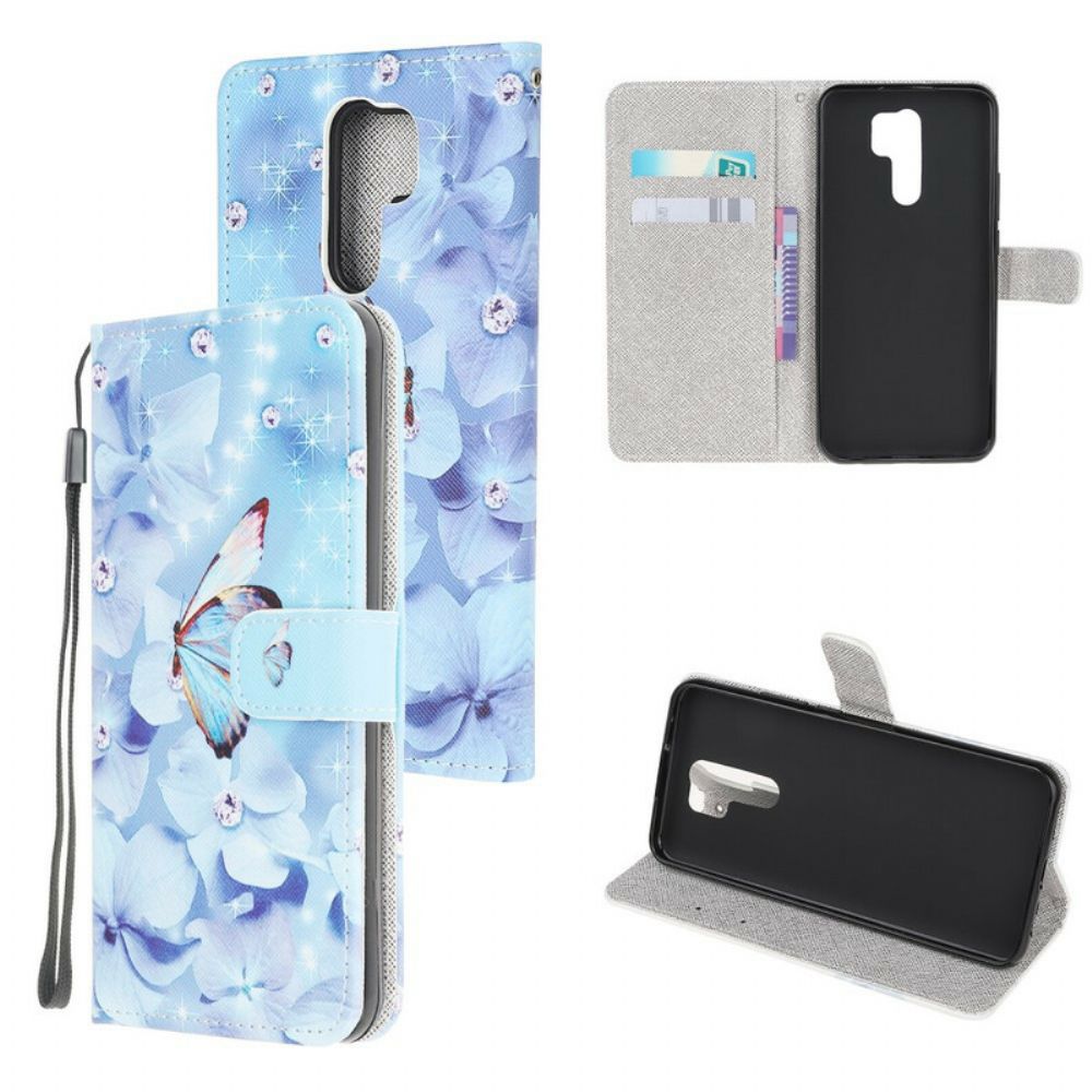 Flip Case Für Xiaomi Redmi 9 Mit Kordel Diamantband Schmetterlinge