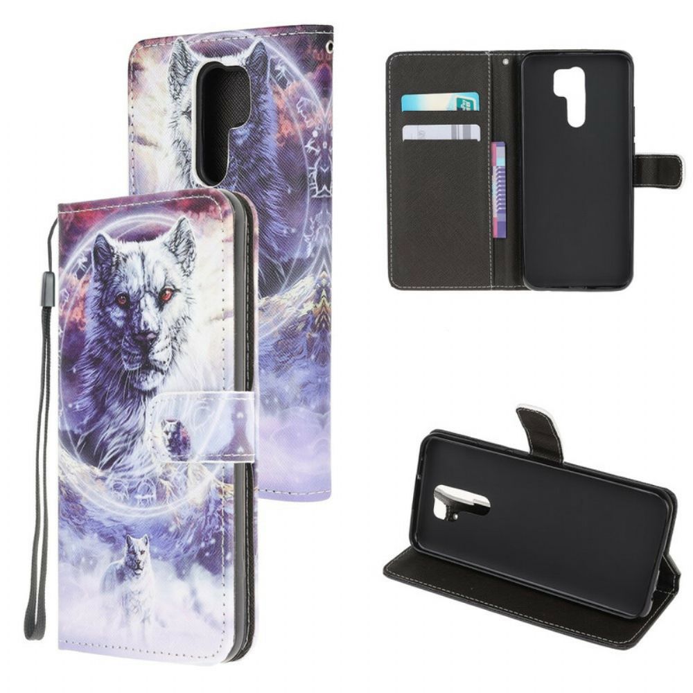 Flip Case Für Xiaomi Redmi 9 Winterwolf Mit Lanyard