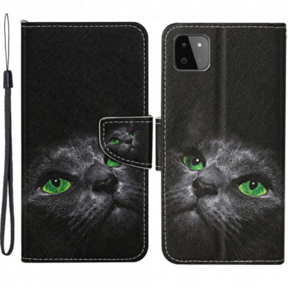 Flip Case Für Samsung Galaxy A22 5G Grünäugige Katze Mit Lanyard