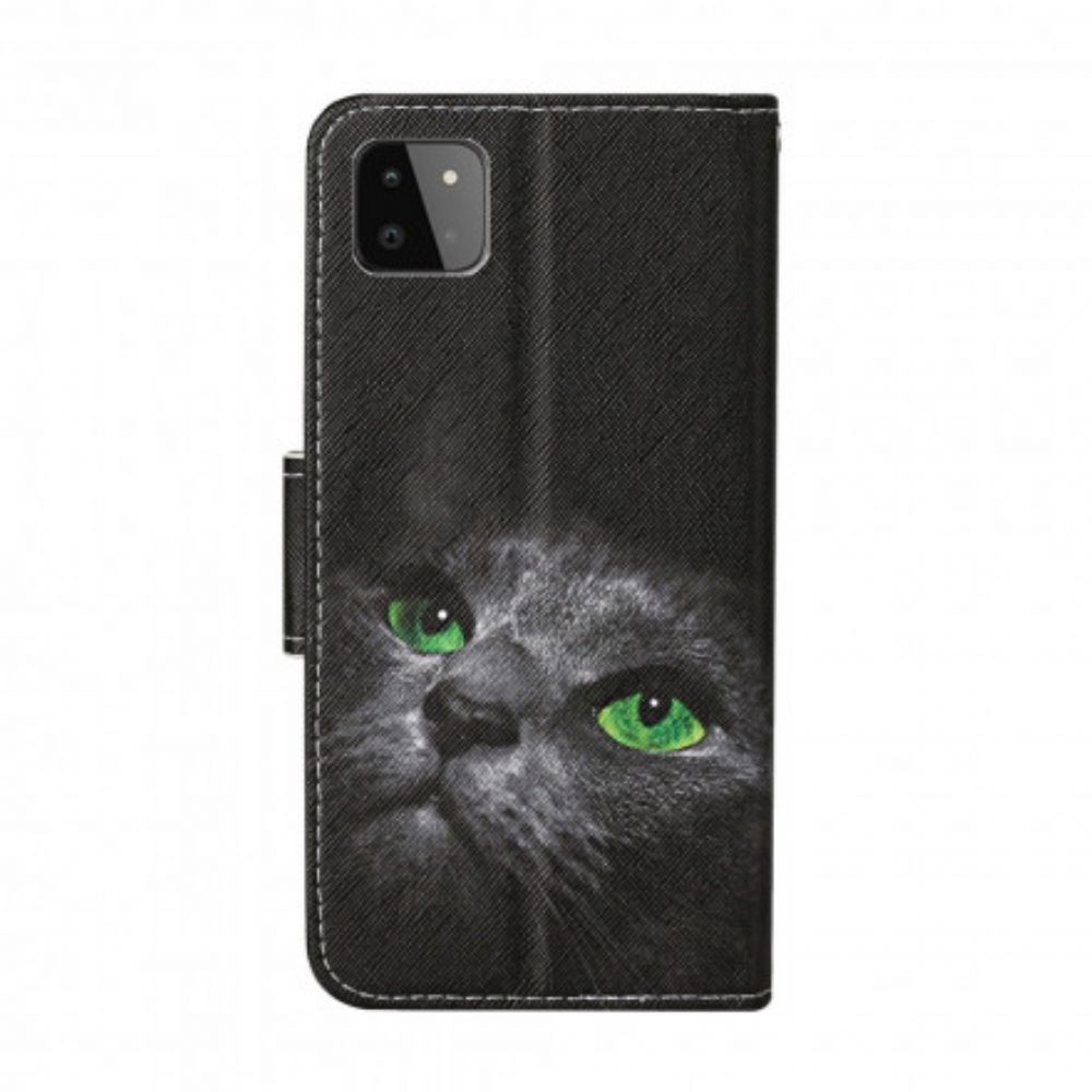 Flip Case Für Samsung Galaxy A22 5G Grünäugige Katze Mit Lanyard