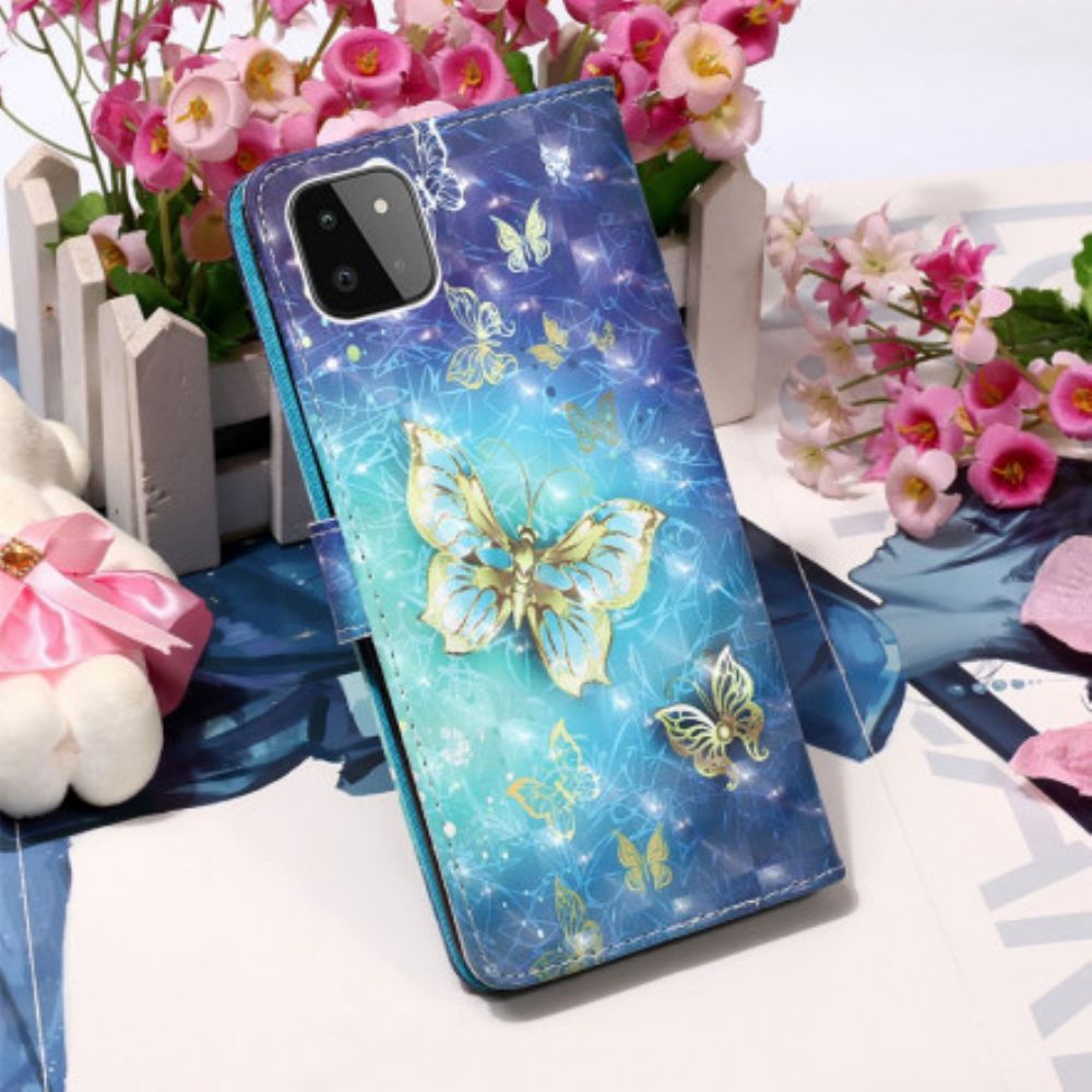 Flip Case Für Samsung Galaxy A22 5G Mit Kordel Goldene Riemenschmetterlinge