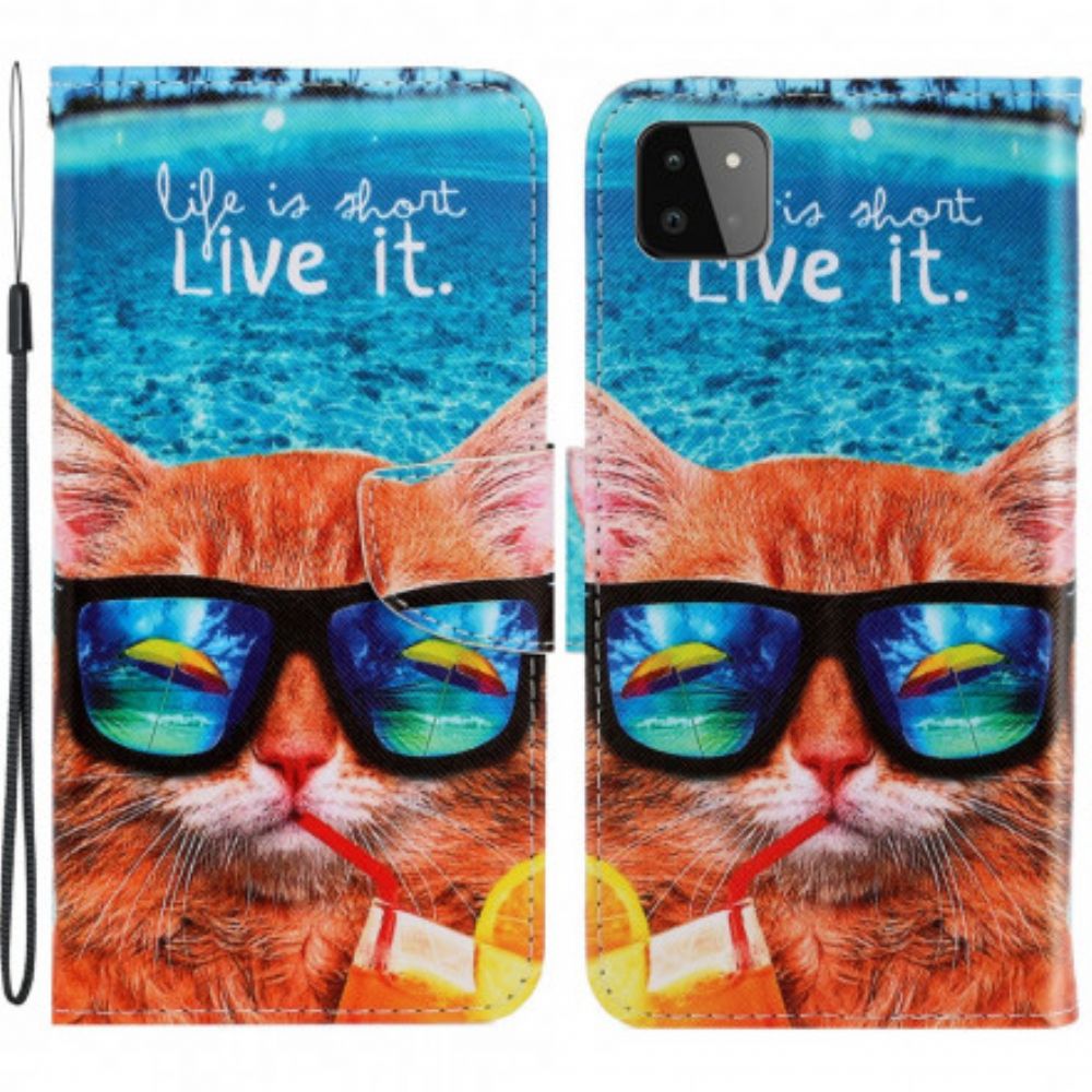 Flip Case Für Samsung Galaxy A22 5G Mit Kordel Katze Lebt Es Riemchen