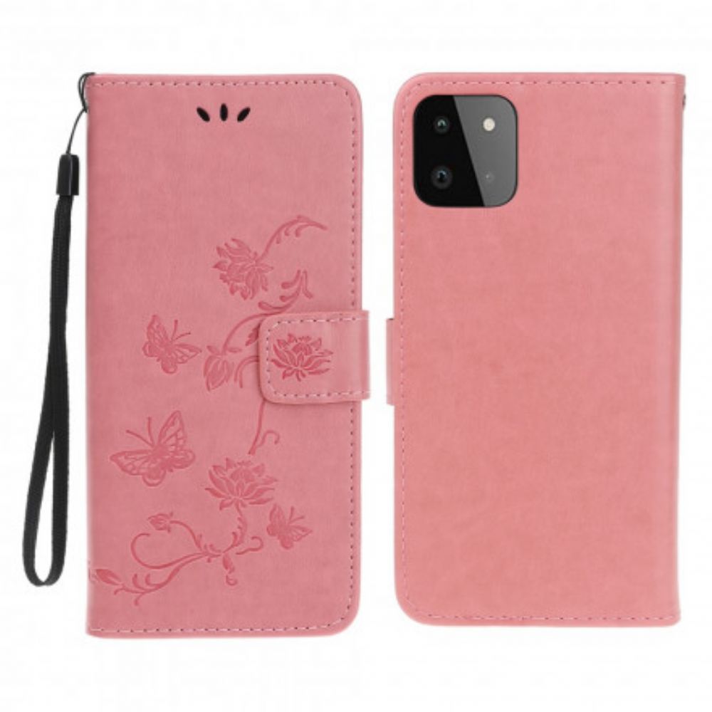 Flip Case Für Samsung Galaxy A22 5G Mit Kordel Tanga Schmetterlinge Und Blumen