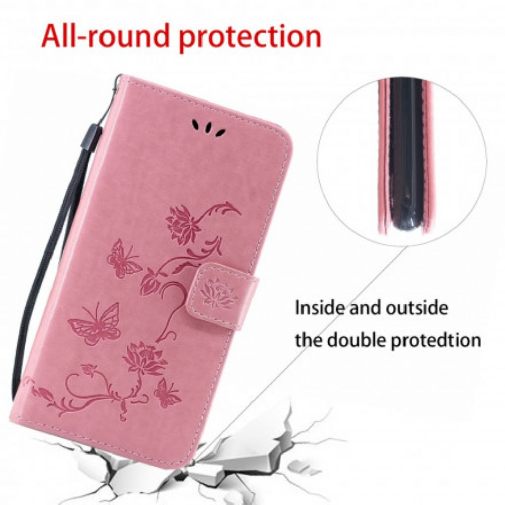 Flip Case Für Samsung Galaxy A22 5G Mit Kordel Tanga Schmetterlinge Und Blumen