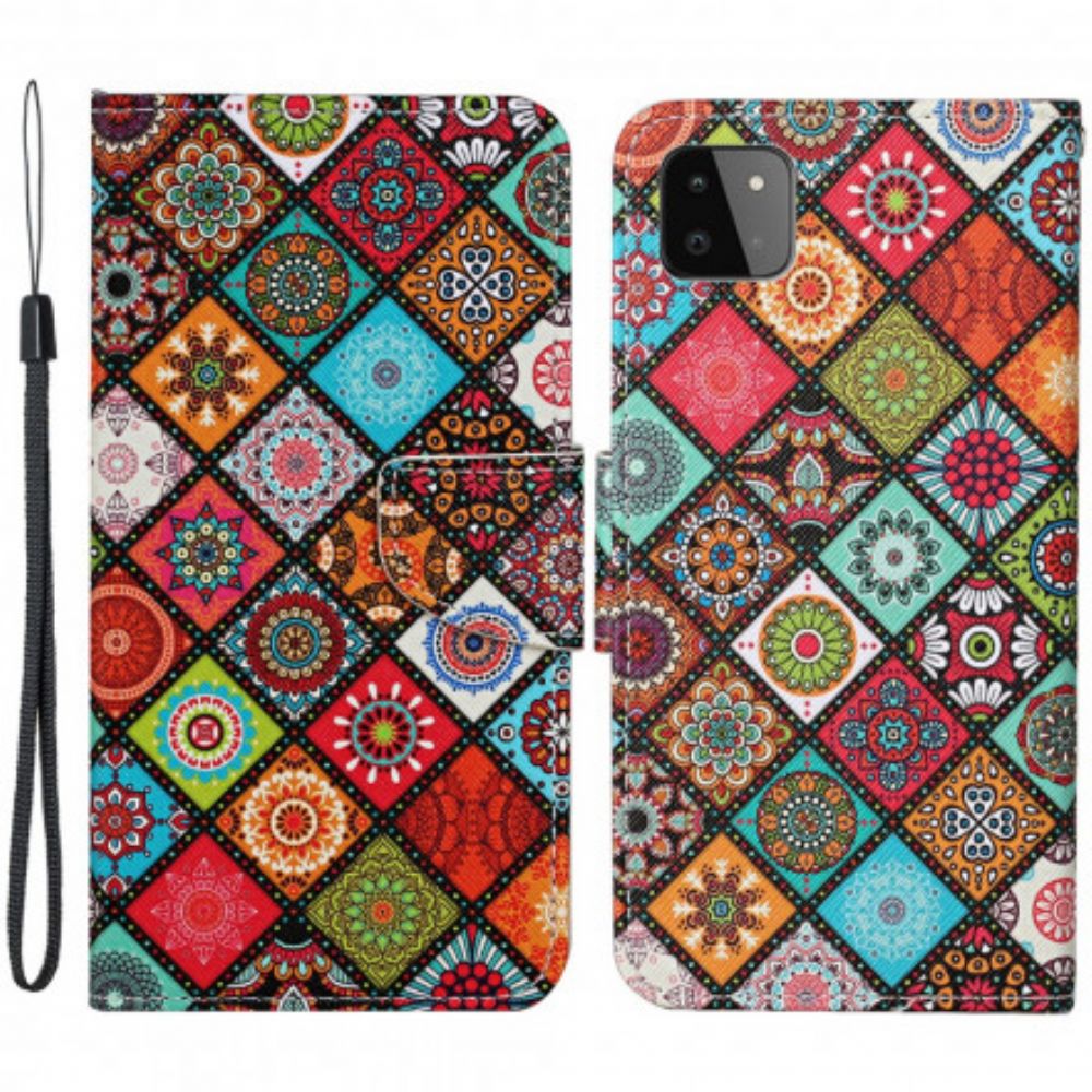 Lederhüllen Für Samsung Galaxy A22 5G Patchwork-mandalas Mit Lanyard