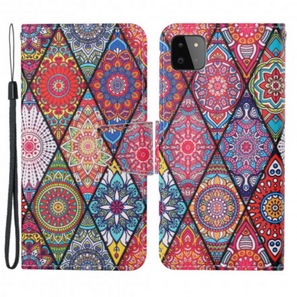 Lederhüllen Für Samsung Galaxy A22 5G Patchwork Mit Riemen