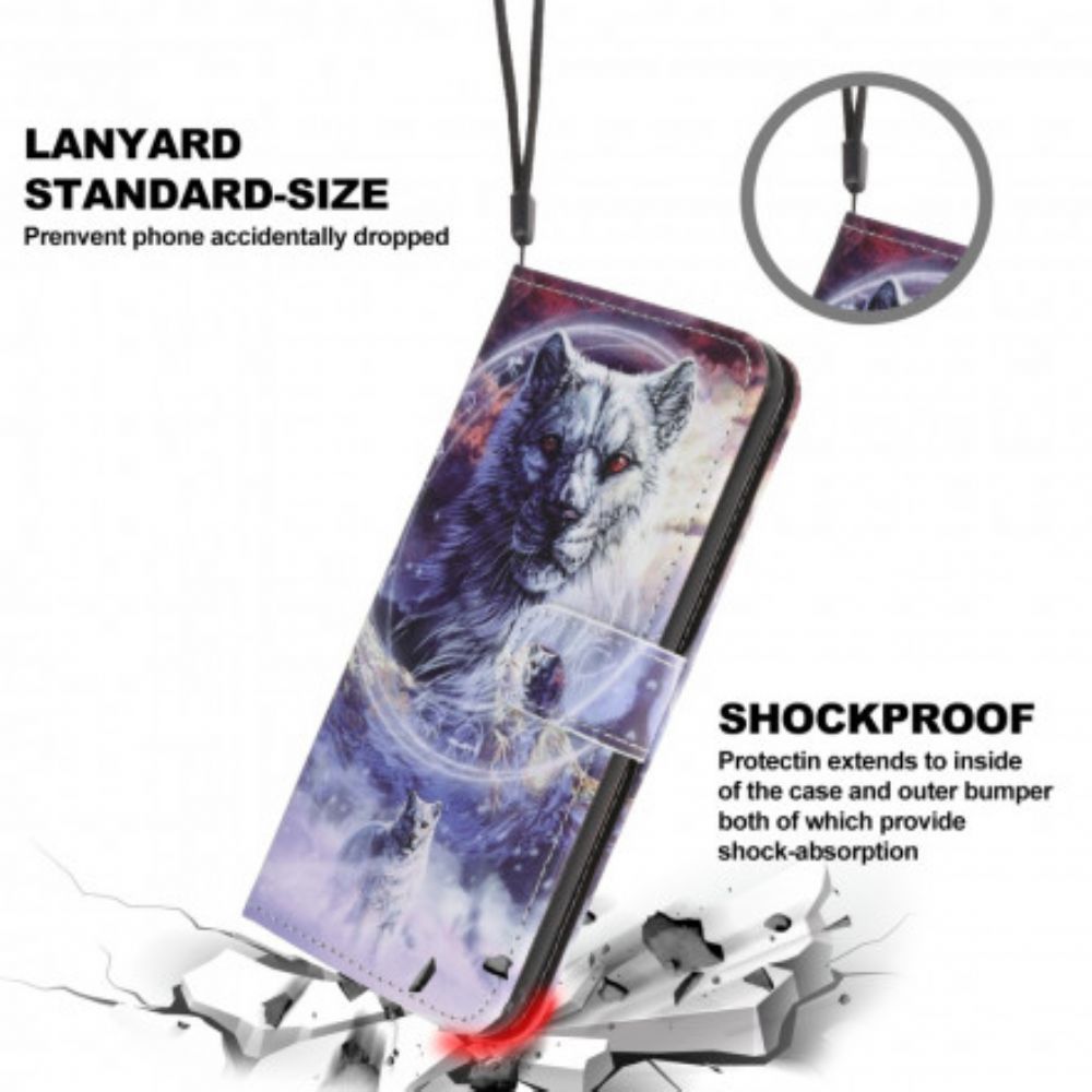 Lederhüllen Für Samsung Galaxy A22 5G Wolf Im Winter Mit Lanyard