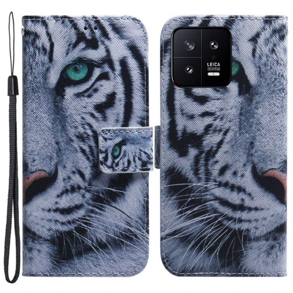 Flip Case Für Xiaomi 13 Mit Kordel Riemchenweißer Tiger