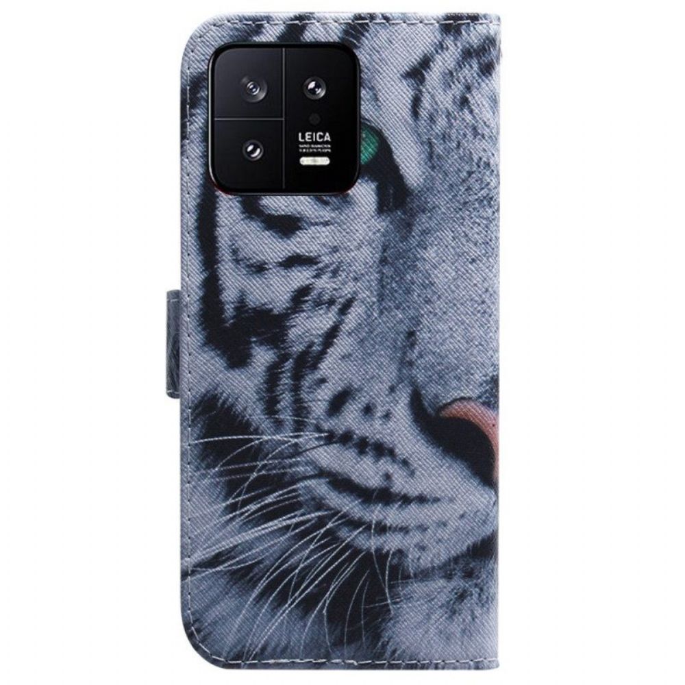 Flip Case Für Xiaomi 13 Mit Kordel Riemchenweißer Tiger