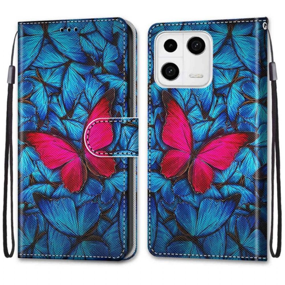 Lederhüllen Für Xiaomi 13 Roter Schmetterling. Blauer Hintergrund