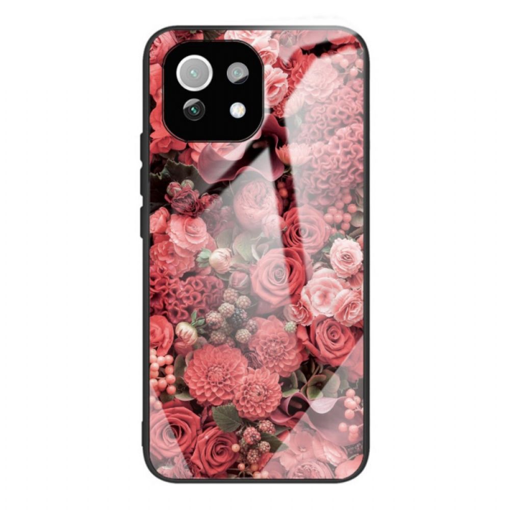 Hülle Für Xiaomi Mi 11 Lite 5G NE / Mi 11 Lite 4G / 5G Rosa Blumen Aus Gehärtetem Glas