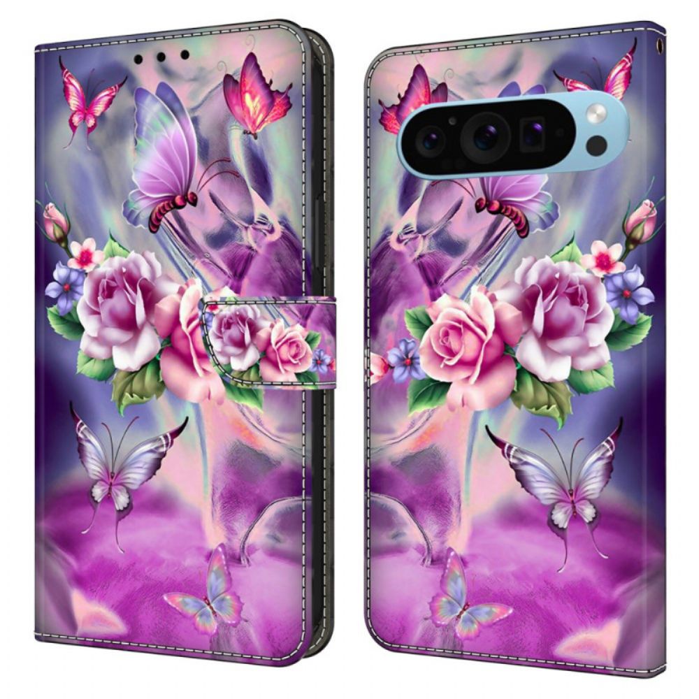 Lederhüllen Für Google Pixel 9 Pro Xl Lila Schmetterlinge Und Blumen