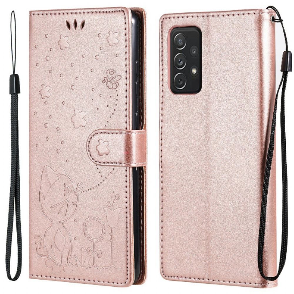 Flip Case Für Samsung Galaxy A72 4G / 5G Mit Kordel Katze Und Biene Mit Riemen