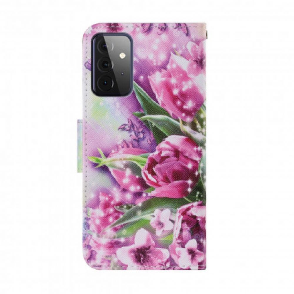 Flip Case Für Samsung Galaxy A72 4G / 5G Schmetterlinge Und Tulpen