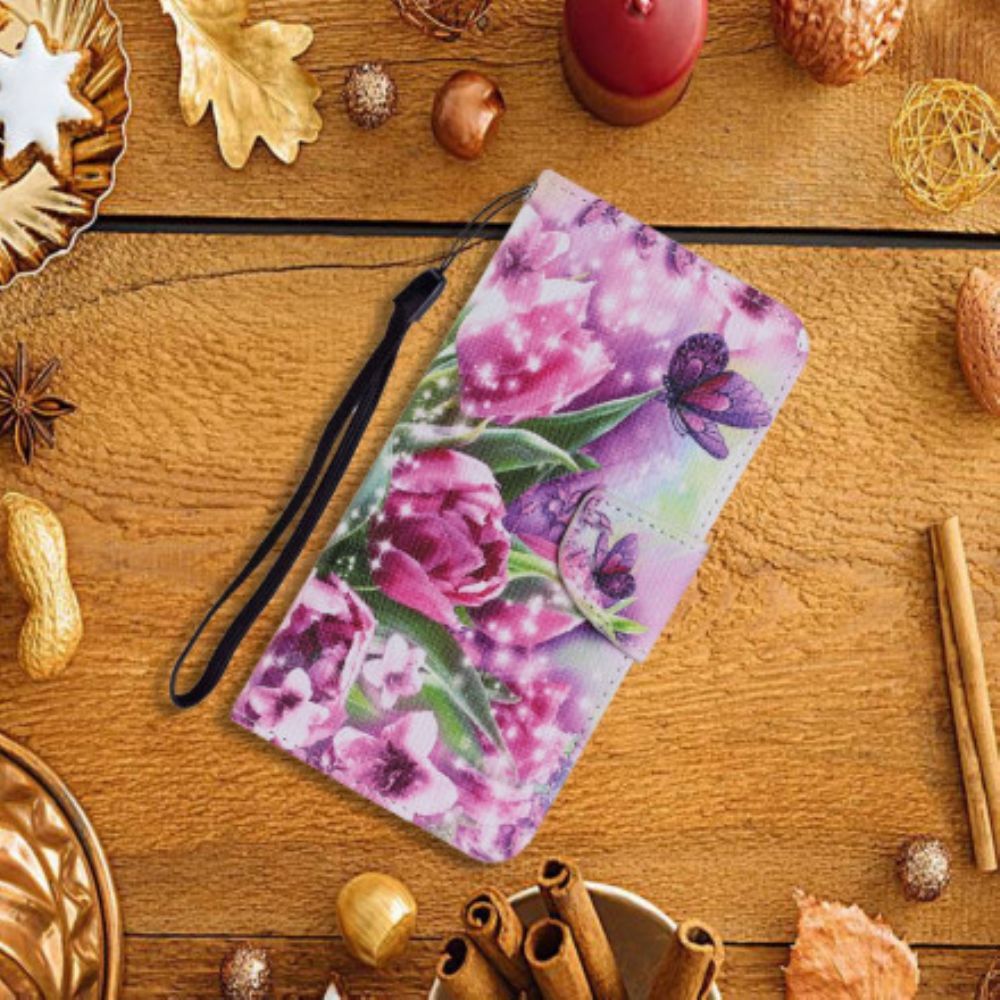 Flip Case Für Samsung Galaxy A72 4G / 5G Schmetterlinge Und Tulpen