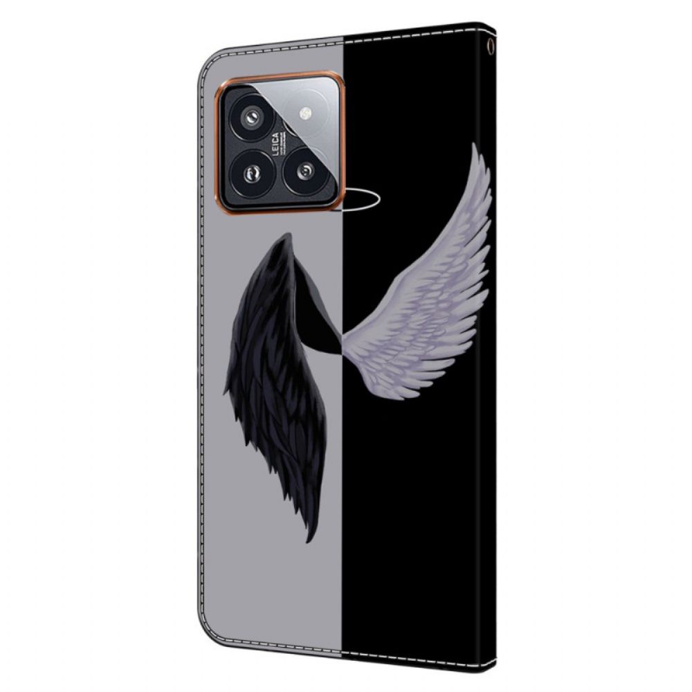 Lederhüllen Xiaomi 14 Pro Handyhülle Schwarze Und Weiße Flügel