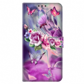 Lederhüllen Xiaomi 14 Pro Lila Schmetterlinge Und Blumen