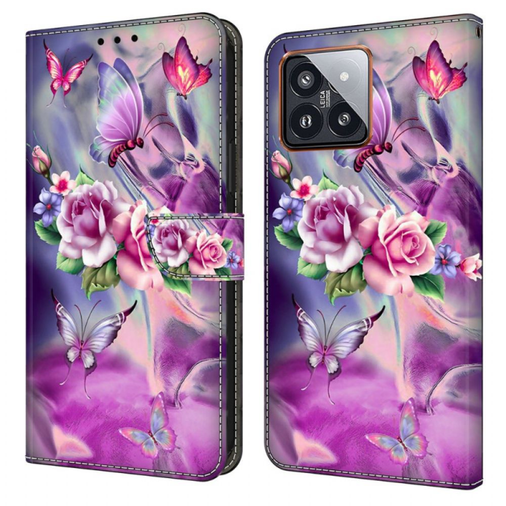 Lederhüllen Xiaomi 14 Pro Lila Schmetterlinge Und Blumen