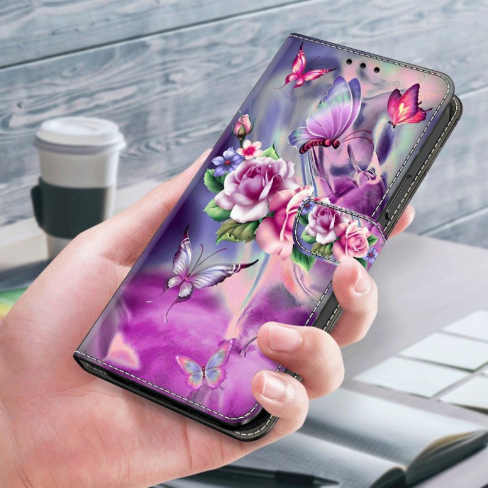 Lederhüllen Xiaomi 14 Pro Lila Schmetterlinge Und Blumen