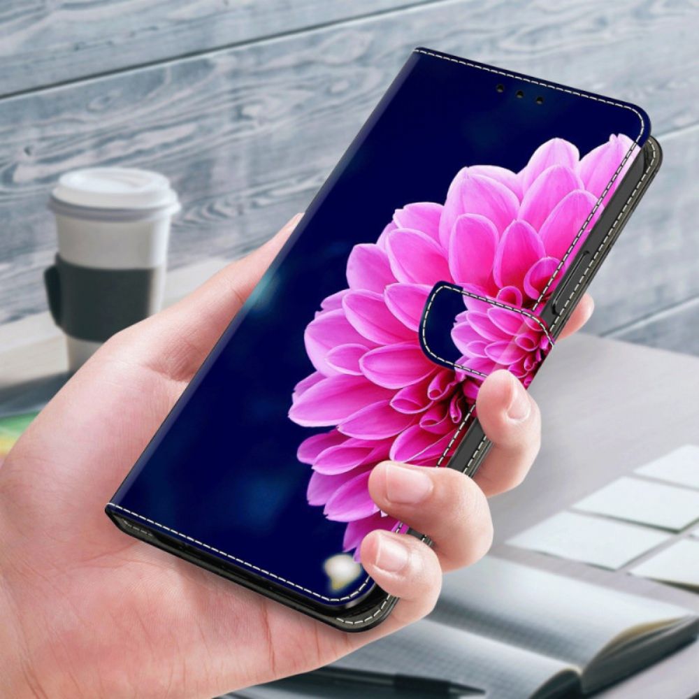 Lederhüllen Xiaomi 14 Pro Rosa Blume Auf Blauem Hintergrund