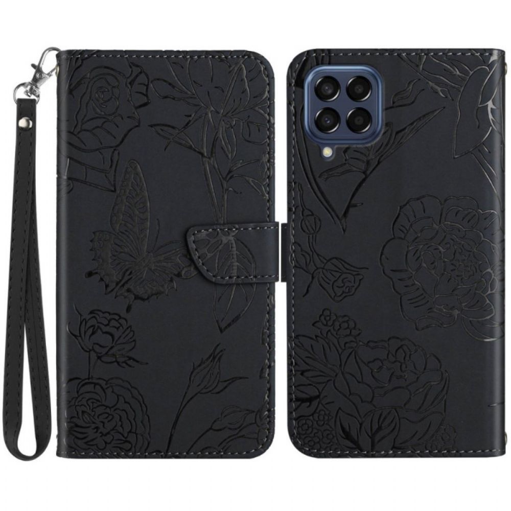 Flip Case Für Samsung Galaxy M53 5G Dezente Schmetterlinge Und Lanyard