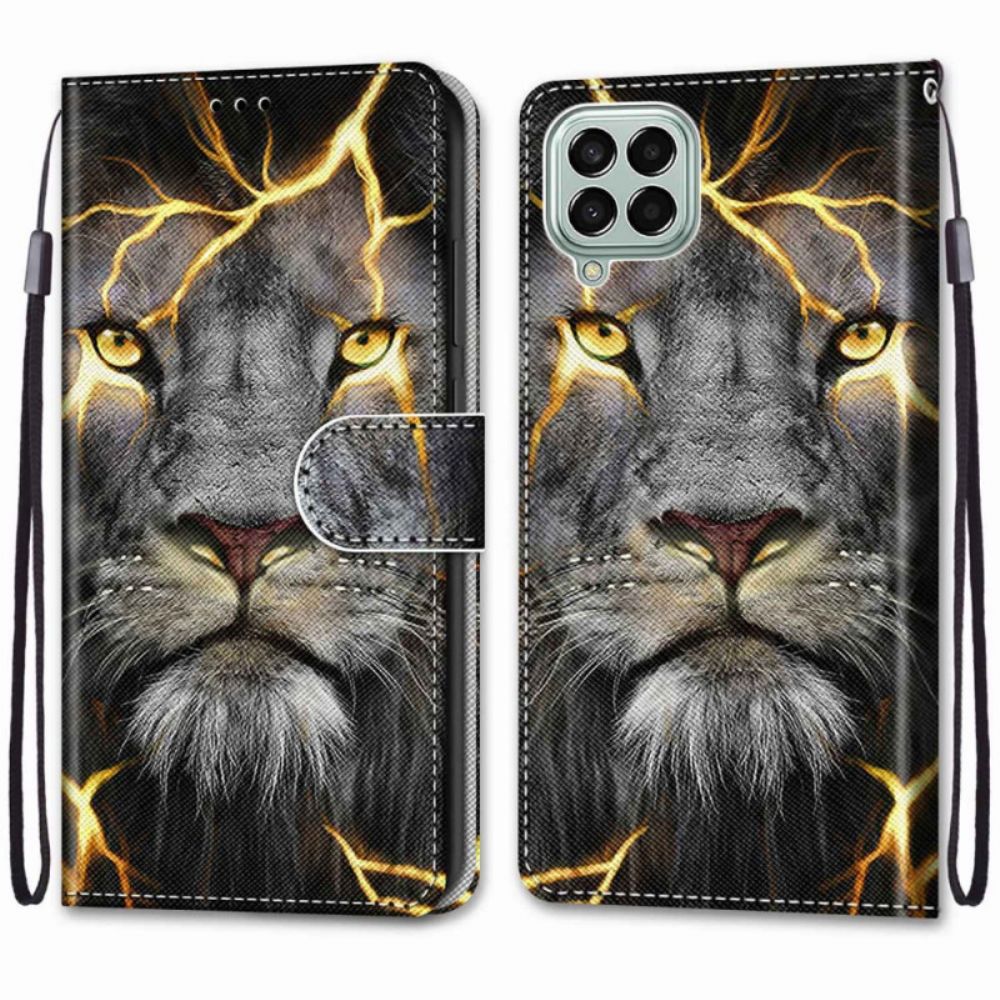 Flip Case Für Samsung Galaxy M53 5G Mit Kordel Brennende Katze Mit Riemen