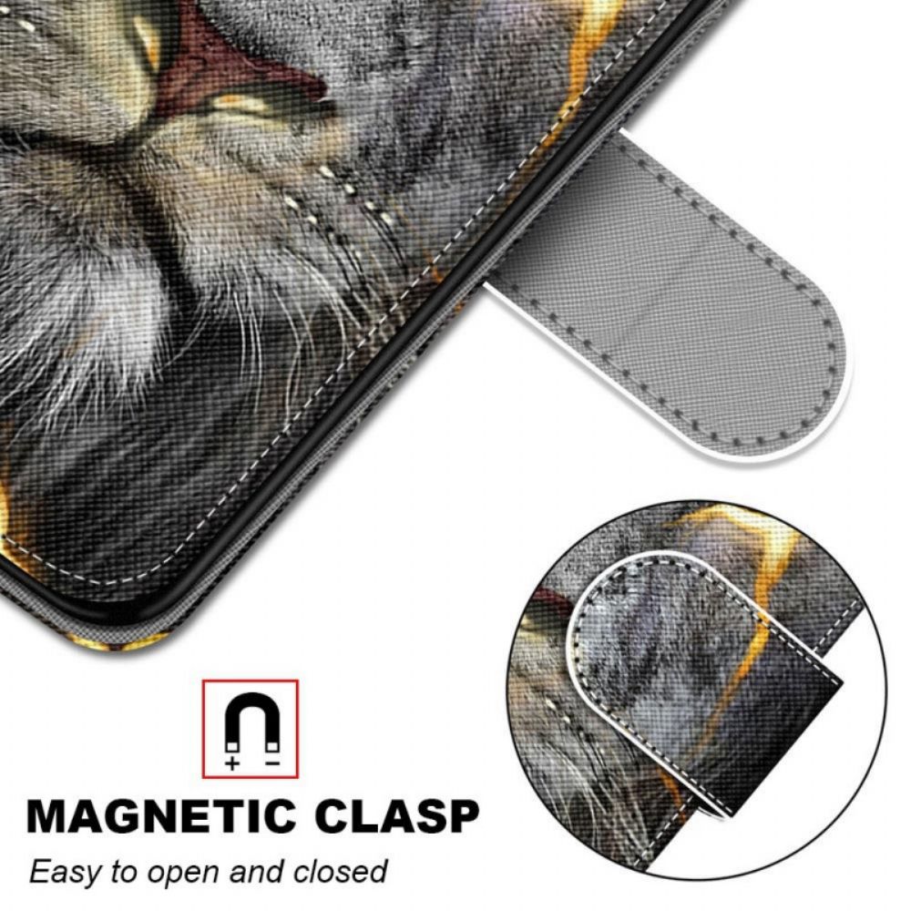 Flip Case Für Samsung Galaxy M53 5G Mit Kordel Brennende Katze Mit Riemen