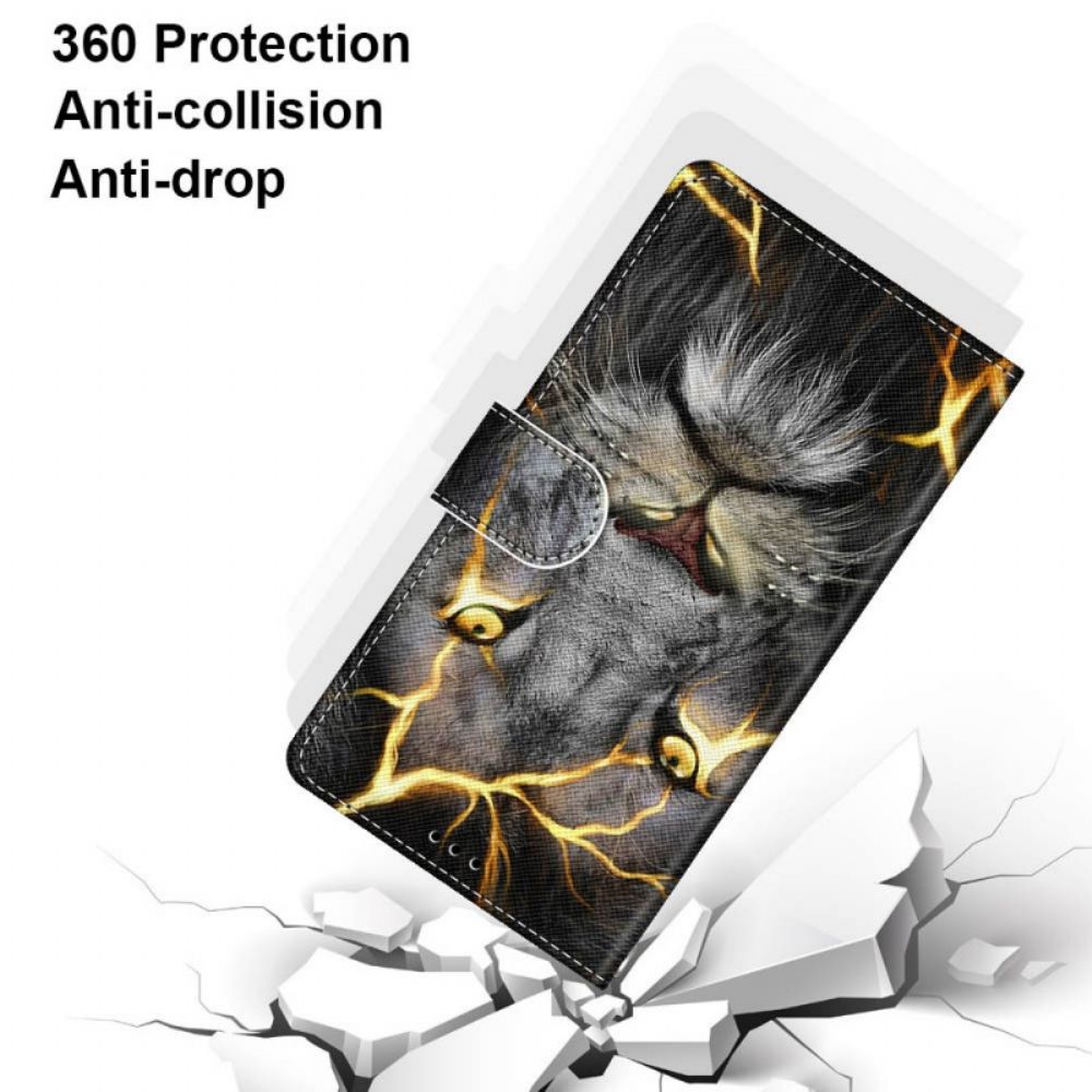 Flip Case Für Samsung Galaxy M53 5G Mit Kordel Brennende Katze Mit Riemen