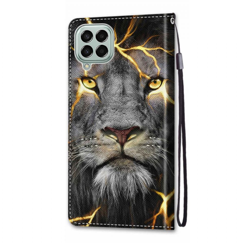 Flip Case Für Samsung Galaxy M53 5G Mit Kordel Brennende Katze Mit Riemen