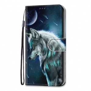 Flip Case Für Samsung Galaxy M53 5G Mit Kordel Gegurteter Wolf