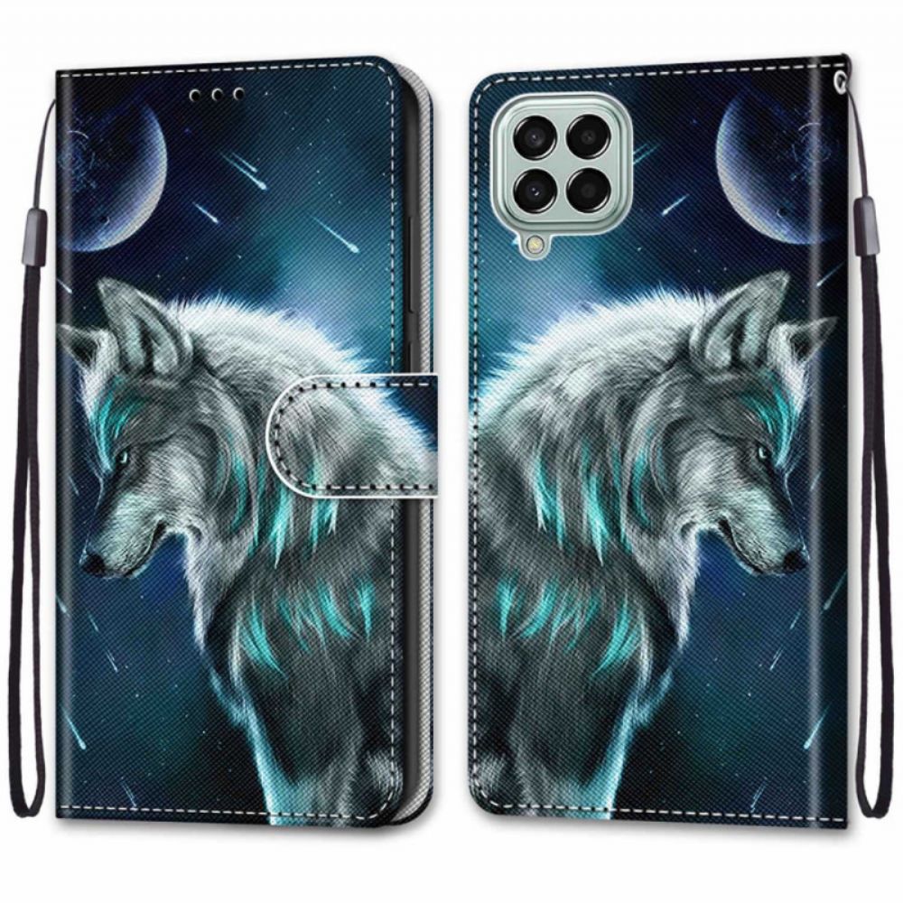 Flip Case Für Samsung Galaxy M53 5G Mit Kordel Gegurteter Wolf