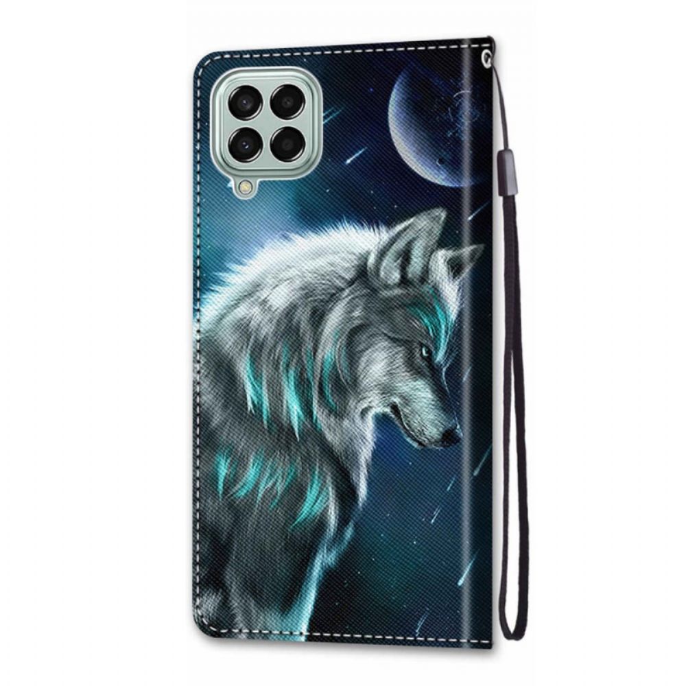 Flip Case Für Samsung Galaxy M53 5G Mit Kordel Gegurteter Wolf