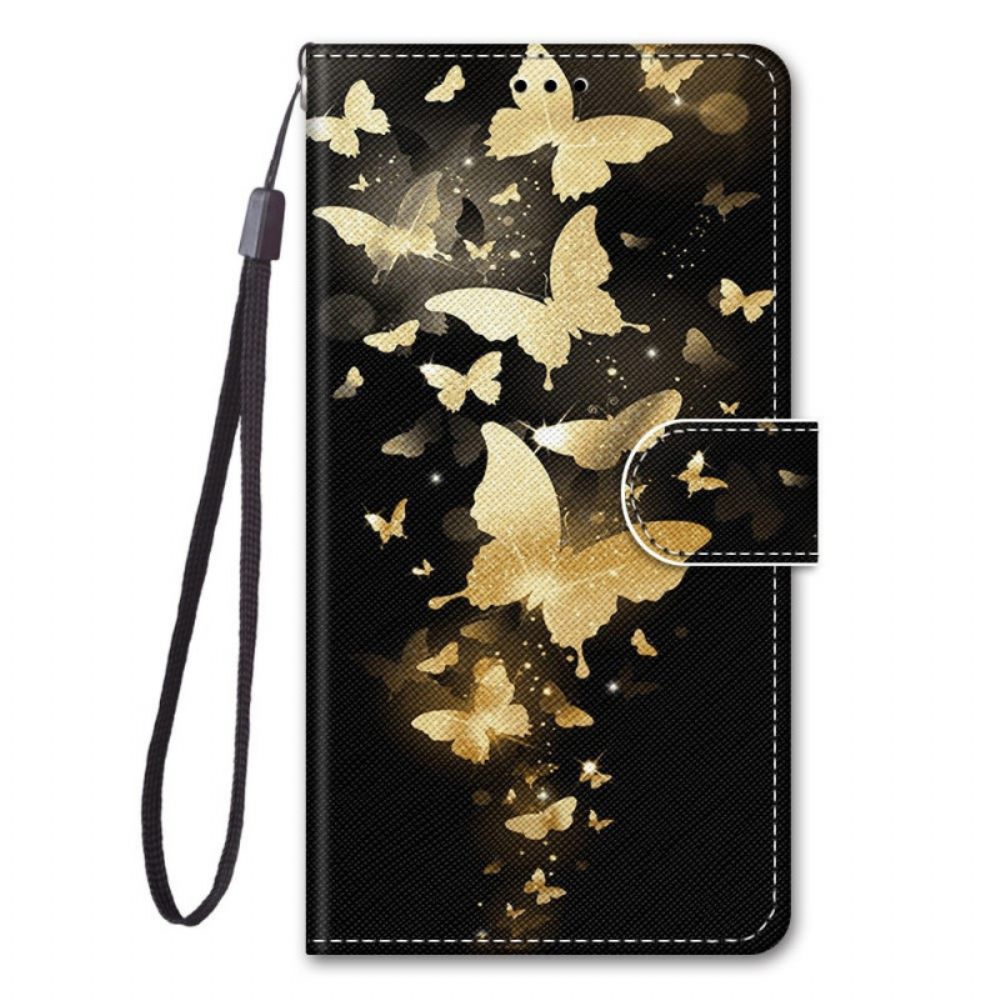 Flip Case Für Samsung Galaxy M53 5G Mit Kordel Goldschmetterlinge Mit Riemen