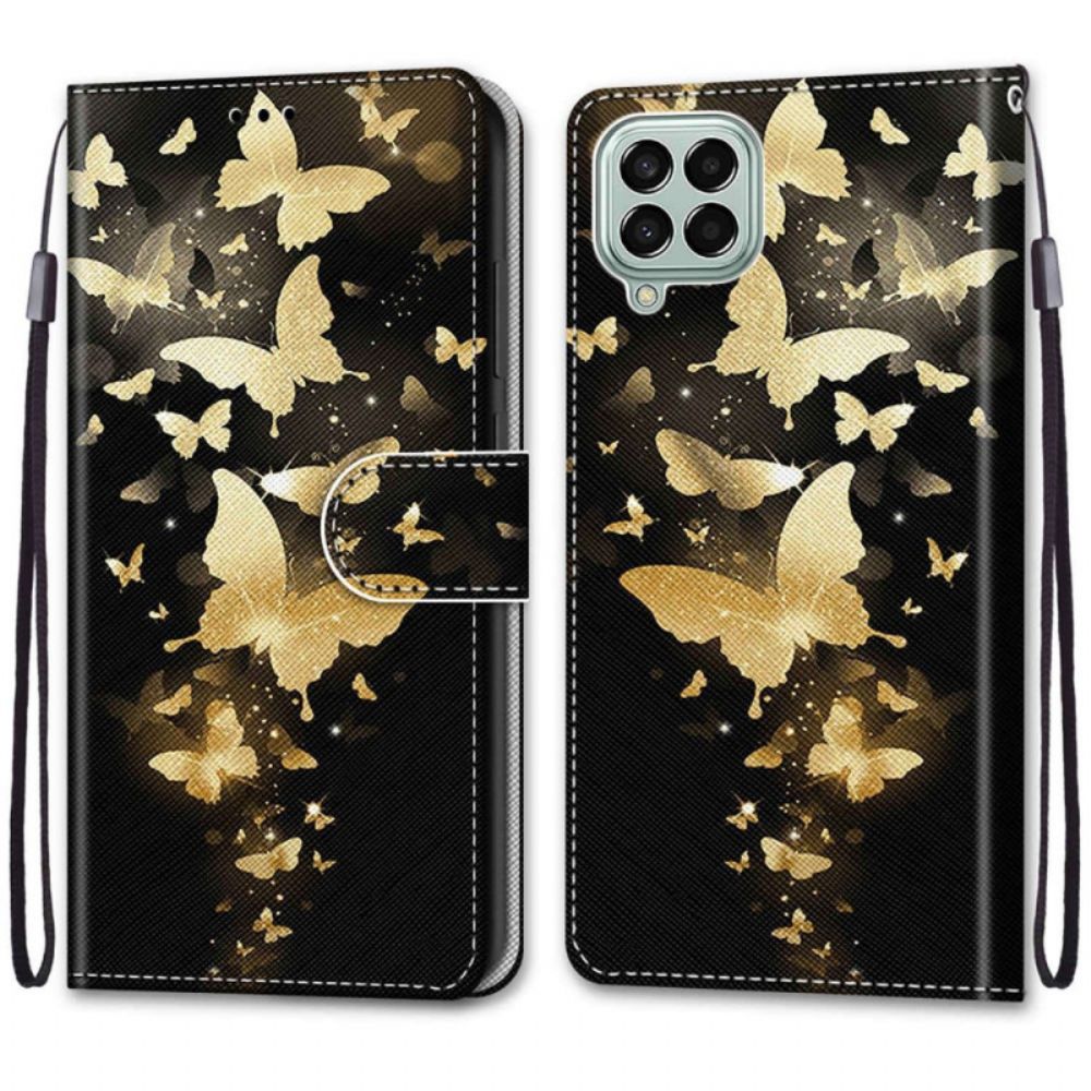 Flip Case Für Samsung Galaxy M53 5G Mit Kordel Goldschmetterlinge Mit Riemen