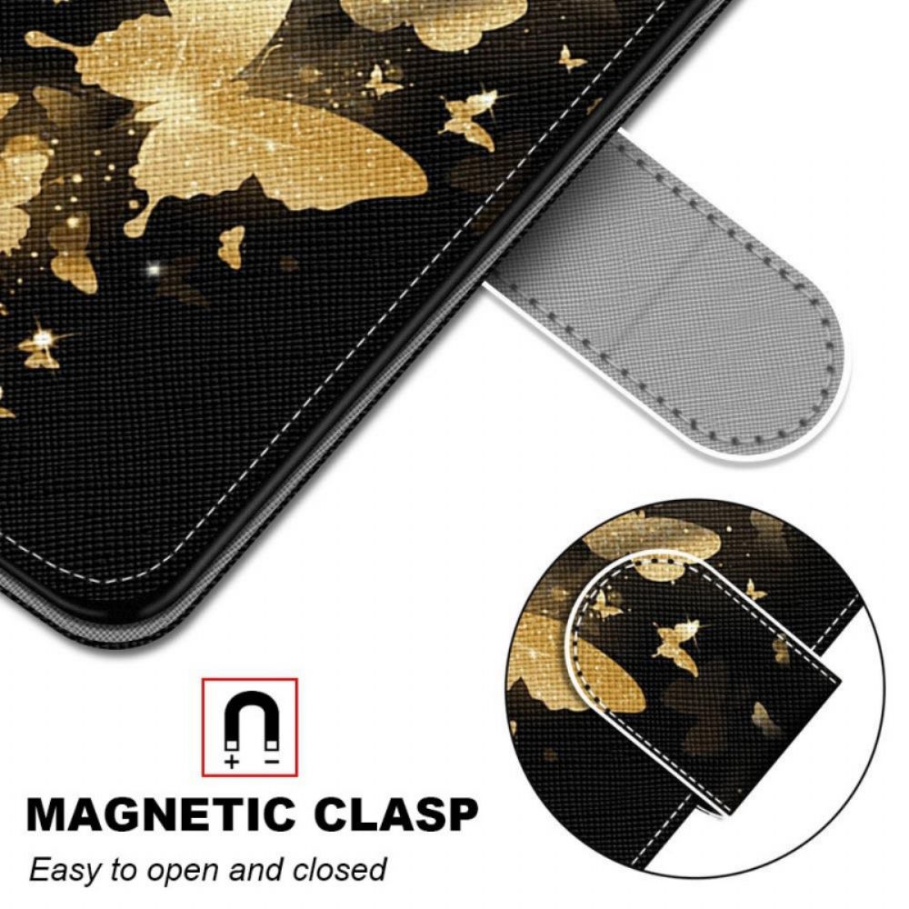 Flip Case Für Samsung Galaxy M53 5G Mit Kordel Goldschmetterlinge Mit Riemen