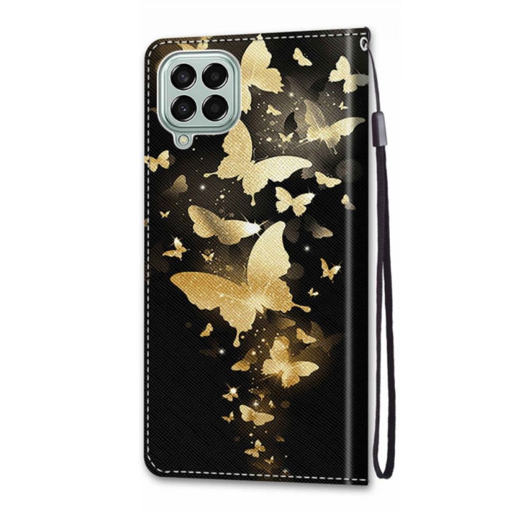 Flip Case Für Samsung Galaxy M53 5G Mit Kordel Goldschmetterlinge Mit Riemen