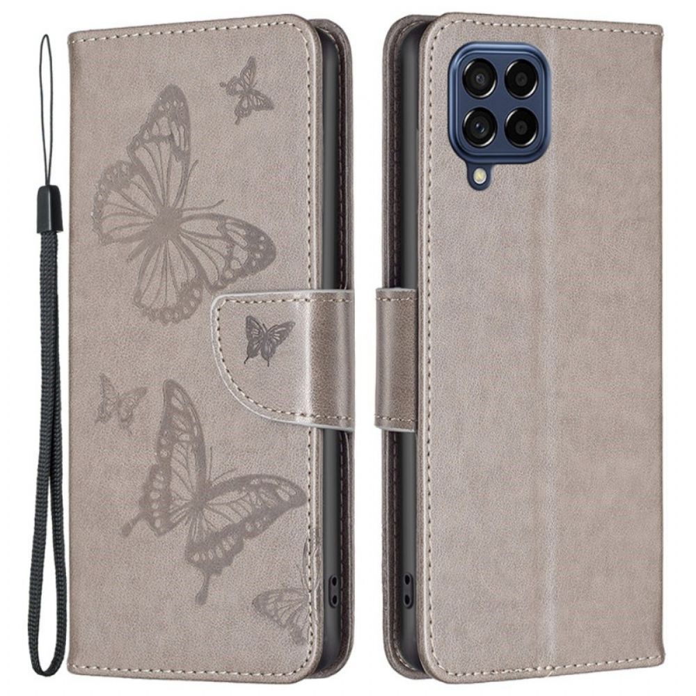 Flip Case Für Samsung Galaxy M53 5G Mit Kordel Schmetterlinge Bedruckter Riemen