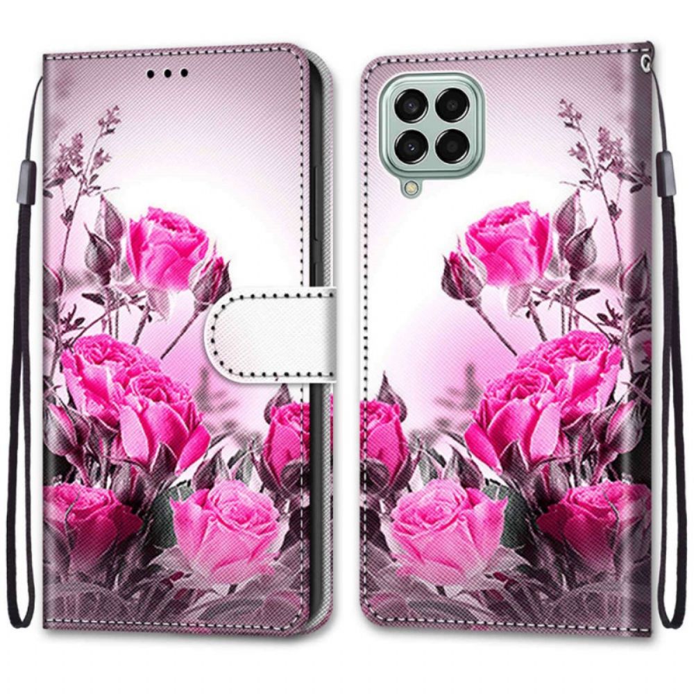 Flip Case Für Samsung Galaxy M53 5G Mit Kordel Stringblumen