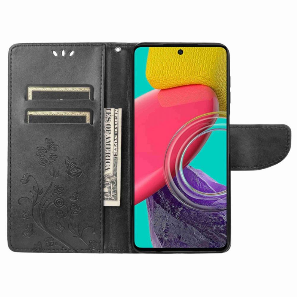 Flip Case Für Samsung Galaxy M53 5G Mit Kordel Stringblumen